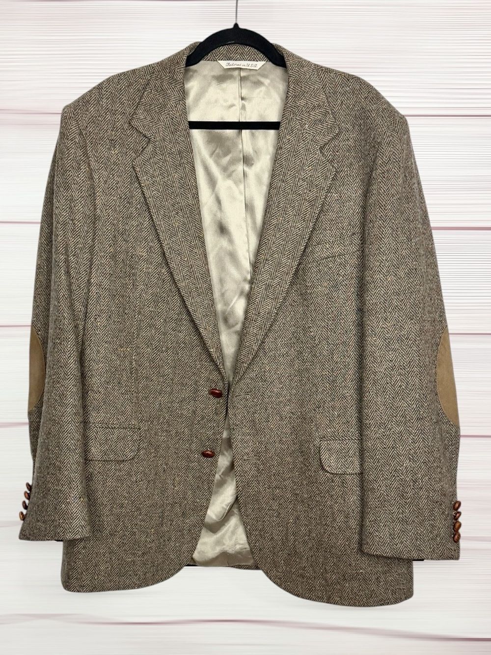Stafford 44L Herringbone Tweed Sport Coat Wool Lambswool Suede Elbow Patches USA